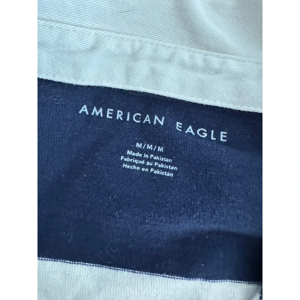 American Eagle Women Rugby Polo Shirt Navy Big Stripe Cropped Academia M Baggy - Picture 3 of 7